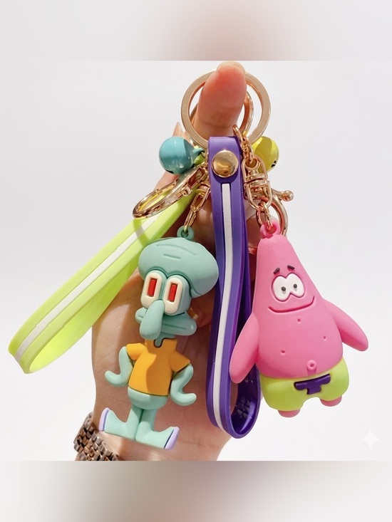 Accessories - Cartoon Character Keychain Set with Squidward & Patrick - Pink, Teal, Yellow